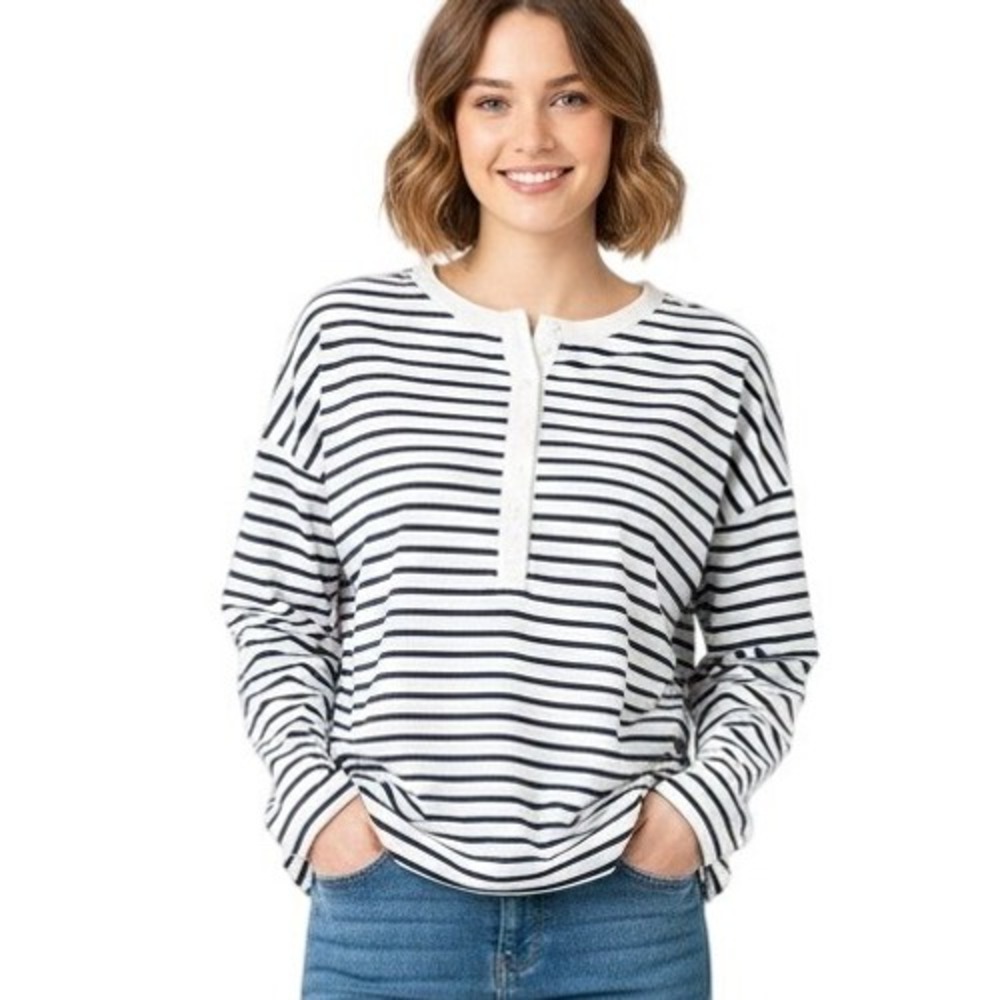 Boden Striped Metallic Trim Henley Cotton Top Women's 14 Relaxed Fit White Black
